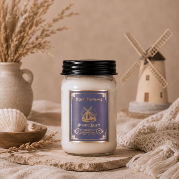 Candle jar labeled 'Evening Breeze' with decorative elements like a windmill and woven basket in the background.