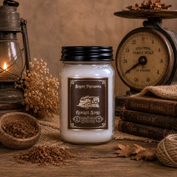 Jar of candle with a label on a rustic setting with lantern, scale, and books.