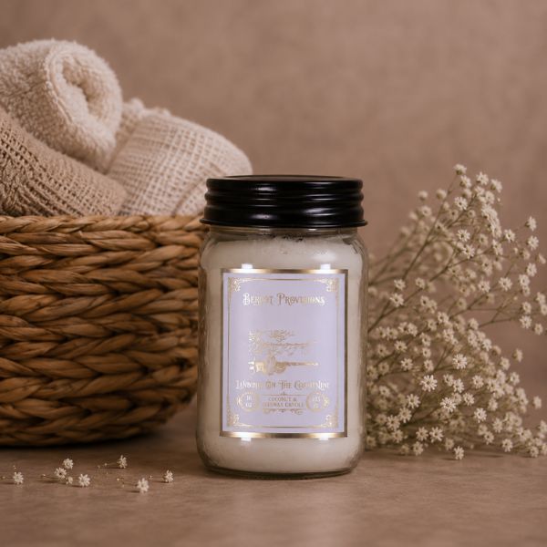 Candle jar with a label in a home setting with flowers and a basket.