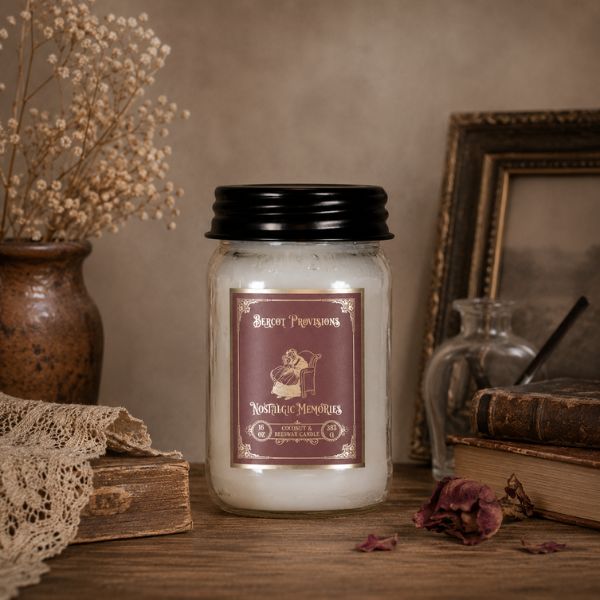 Jar of candle with decorative label on a rustic setting with books and flowers.
