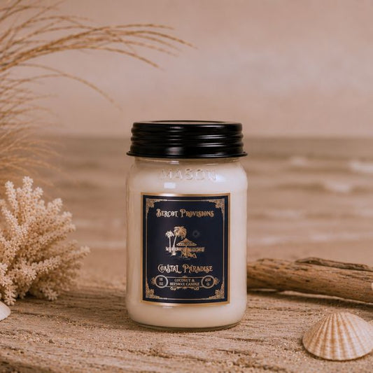 Candle jar with a label on a beach-themed background