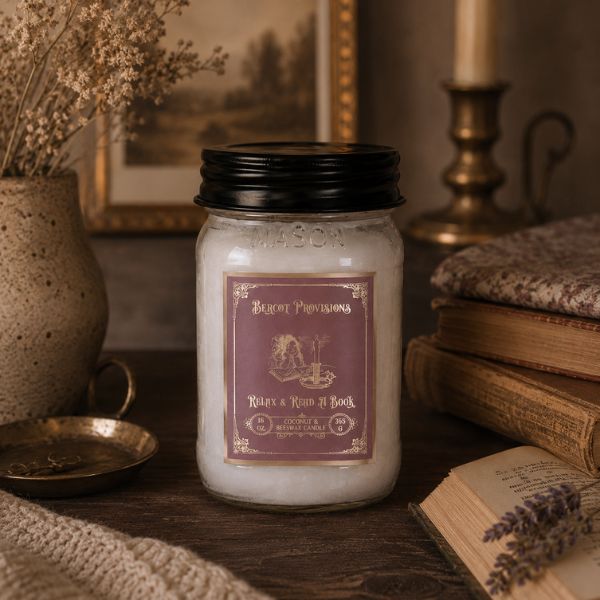 Candle in a mason jar with a label on a wooden surface, surrounded by books and decorative items.