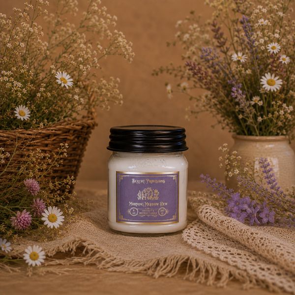 White candle with a purple label surrounded by flowers on a textured surface