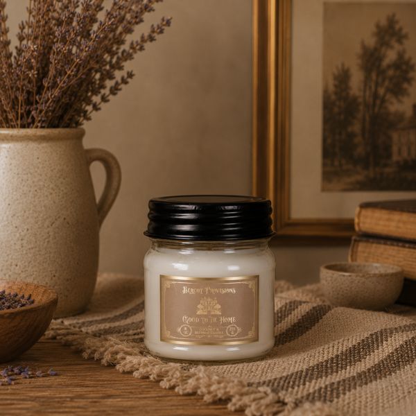 Jar candle with decorative elements on a rustic setting