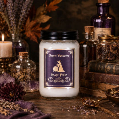 16 oz. Mystic Potion Candle with witchy aesthetic background