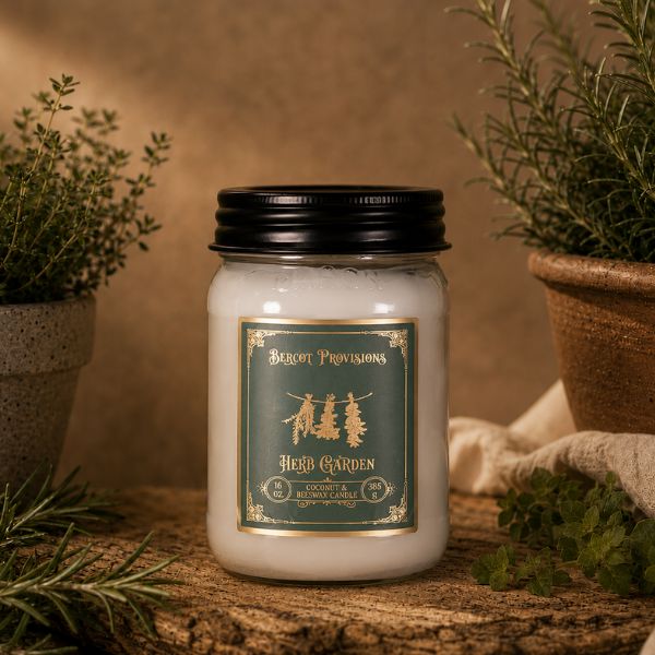 Jar candle with 'Bercot Provisions' label surrounded by plants on a wooden surface
