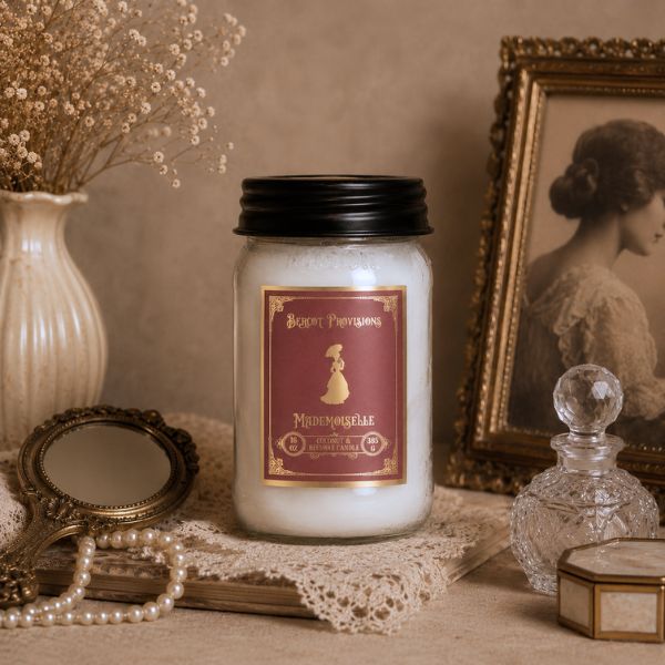 Candle with a decorative label on a table with vintage items