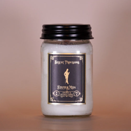 16 oz Dapper Man Candle with Coconut wax, beeswax, wooden wicks in a mason jar.