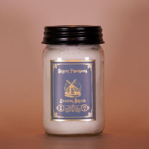 16 oz Evening Breeze Candle with Coconut wax, beeswax, wooden wicks in a mason jar.