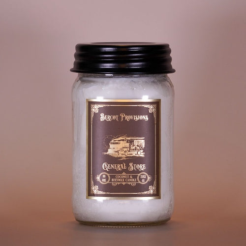 16 oz General Store Candle with Coconut wax, beeswax, wooden wicks in a mason jar.