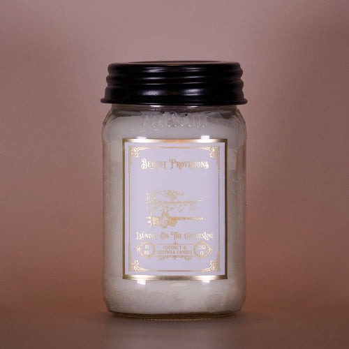 16 oz Laundry on the Clothesline Candle with Coconut wax, beeswax, wooden wicks in a mason jar.