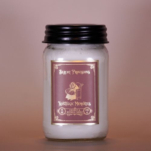 16 oz Nostalgic Memories Candle with Coconut wax, beeswax, wooden wicks in a mason jar.
