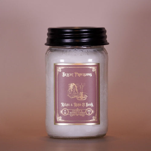 16 oz Relax and Read a Book Candle with Coconut wax, beeswax, wooden wicks in a mason jar.