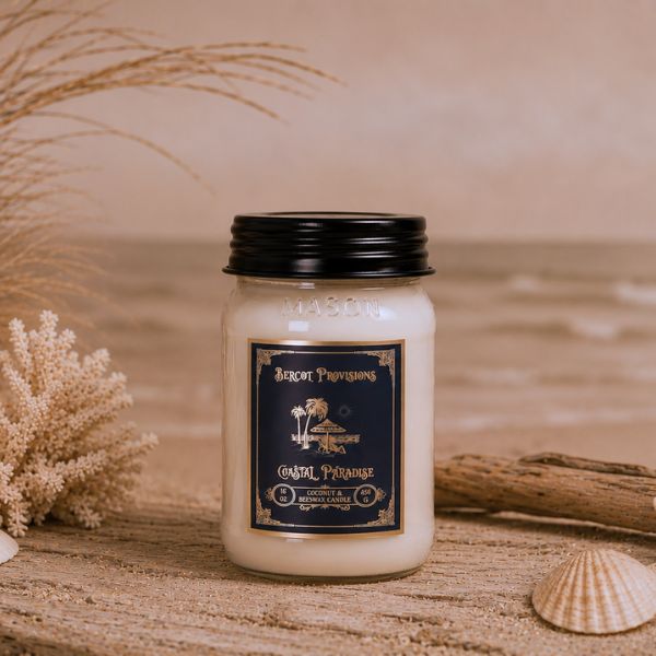 Candle jar with a label on a beach-themed background