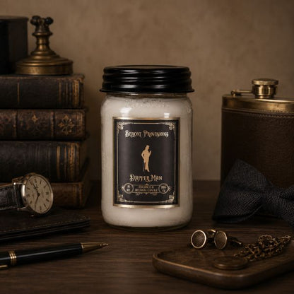 Candle with a label on a wooden surface with books, a flask, and other items.