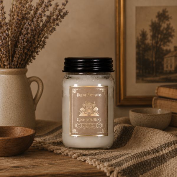 Candle with a decorative label on a rustic surface with a jar of lavender and framed picture in the background.