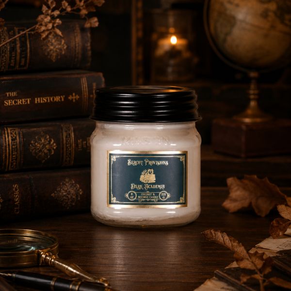 Dark Academia 8 oz. candle styled in a dark moody aesthetic background