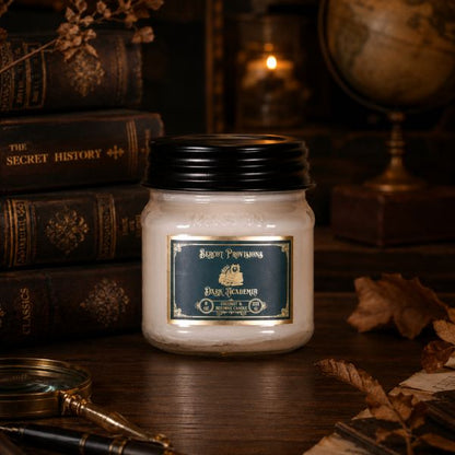 Dark Academia 8 oz. candle styled in a dark moody aesthetic background