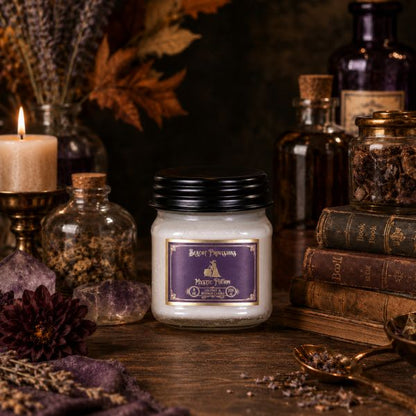 8 oz. Mystic Potion Candle with autumn and witchy background