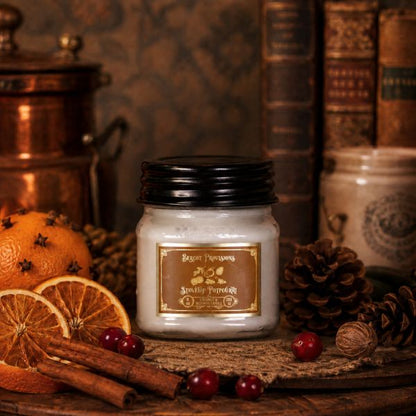 A white wax candle in a clear glass jar with a black lid and a brown label reading Stovetop Potpourri styled on a rustic wooden surface with dried orange slices, cinnamon sticks, red berries, pinecones, and old books in the background.