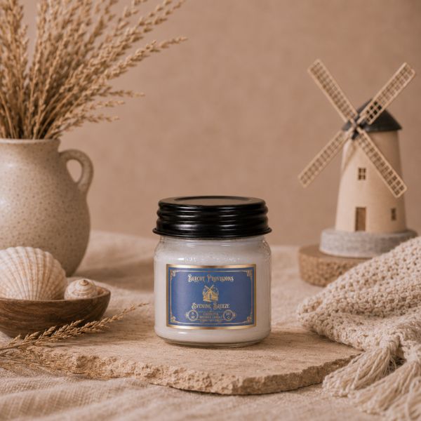 Candle with a blue label on a rustic surface with a windmill model in the background