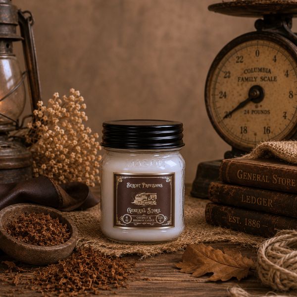 Jar candle with a label on a rustic setting with books and lantern
