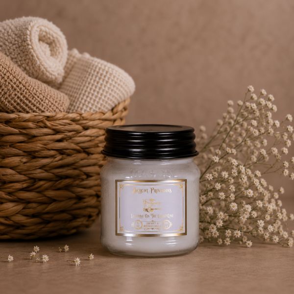 Candle with a label in front of a woven basket and dried flowers on a brown background