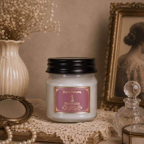 Jar candle with a label on a lace tablecloth, surrounded by decorative items like a vase with dried flowers and an old photograph.