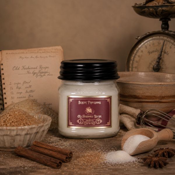 Jar of coconut wax and beeswax candle and sugar next to it with a label on a rustic wooden table with spices and a recipe book.