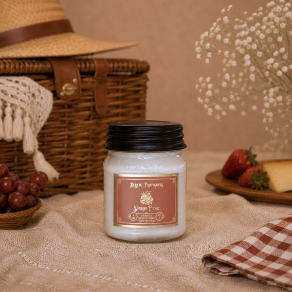 Jar of candle with 'Sunday Picnic' label on a table with picnic items.