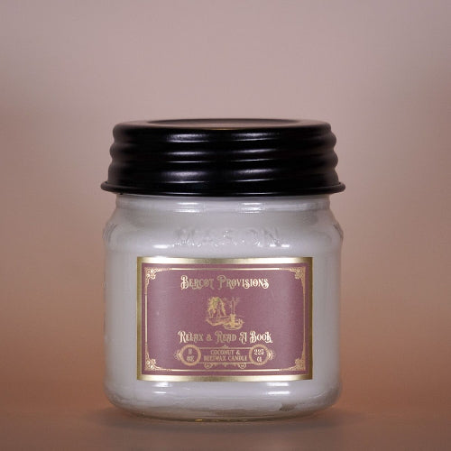 8 oz Relax and Read a Book Candle with Coconut wax, beeswax, wooden wicks in a mason jar.