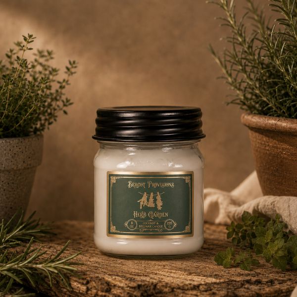 White candle in a mason jar with a black lid, surrounded by herbs and plants on a wooden surface.