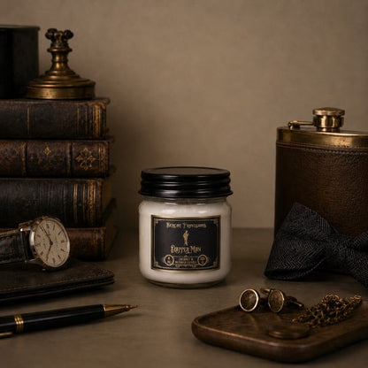 dapper man candle with coconut and beeswax in a mason jar 