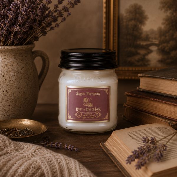 Candle with a label in a rustic setting with lavender and books
