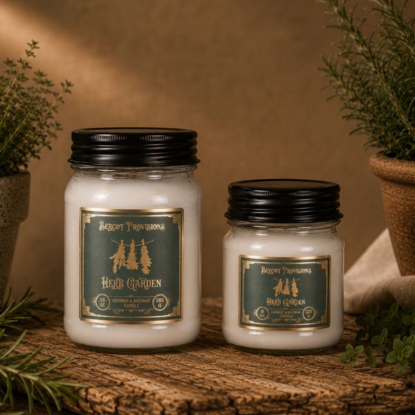 Both herb garden candles with herbs in the background