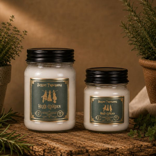 Both herb garden candles with herbs in the background