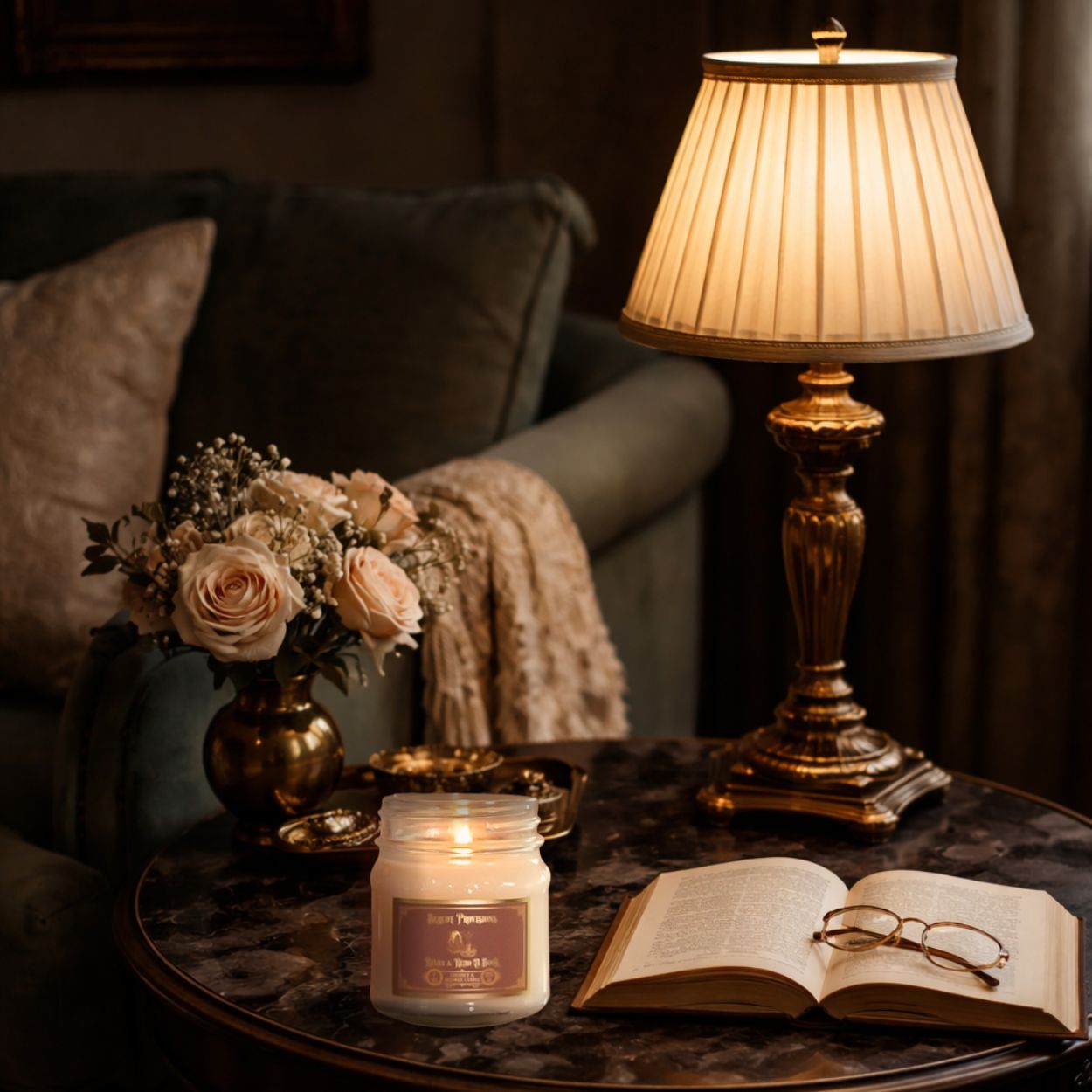 Relax and Read a Book Candle on a table under warm light next to a book