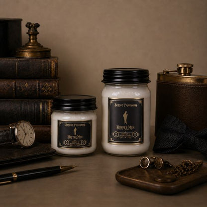 Two candles with labels on a table with vintage items.