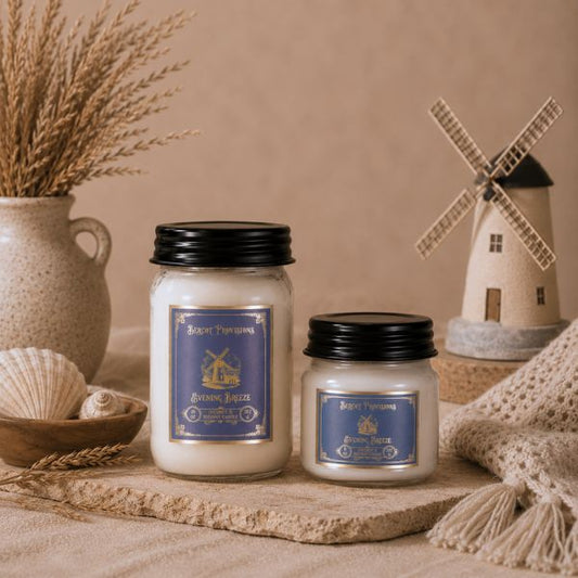 Two candles with labels on a rustic surface with a windmill decoration.