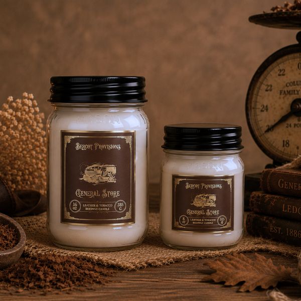 Two jars of candles with 'General Store' label on a rustic background