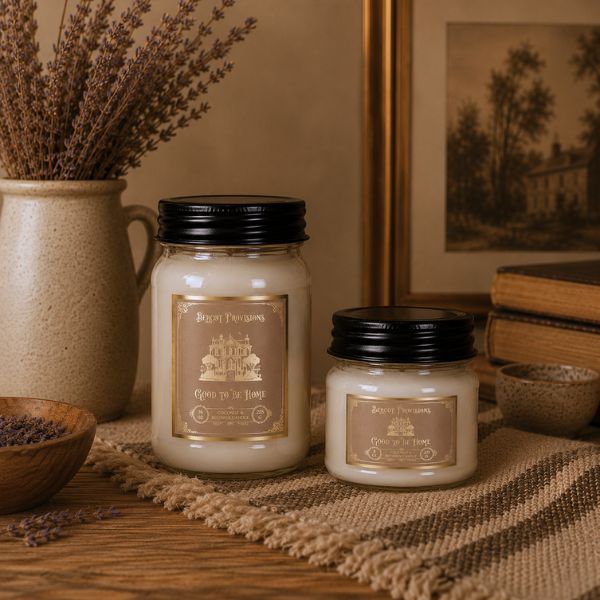 Two candles with labels on a rustic surface with decorative elements.