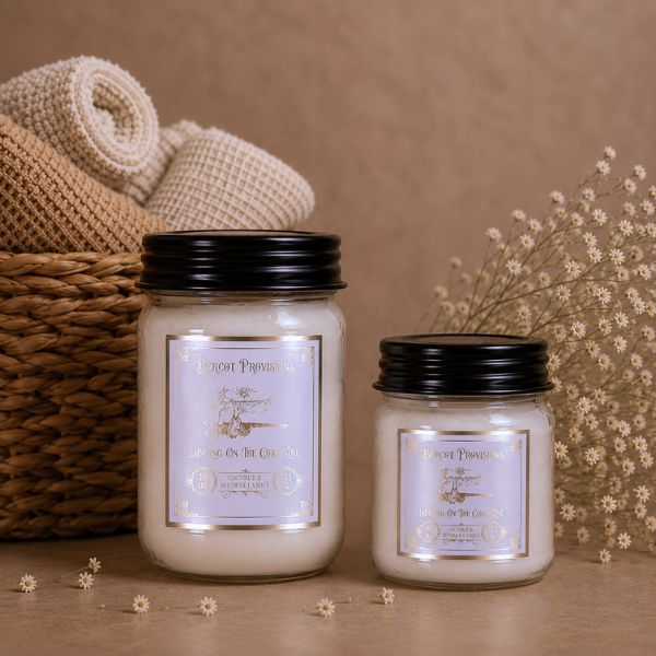 Two candles made with coconut and beeswax with labels on a wooden surface with a woven basket and flowers in the background.