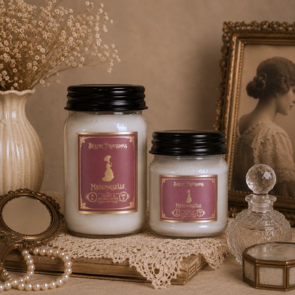 Two candles with labels on a decorative surface with a vintage frame and vase in the background.