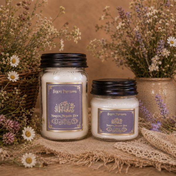 Two candles with labels surrounded by flowers on a rustic background