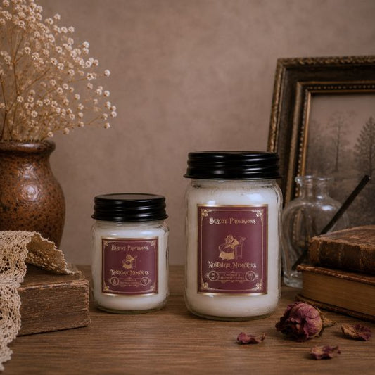 Two jars of Nostalgic memories candles on a wooden surface with decorative items.