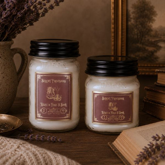 Two jars of 'relax & Read a Book' candles on a wooden surface with a rustic background.
