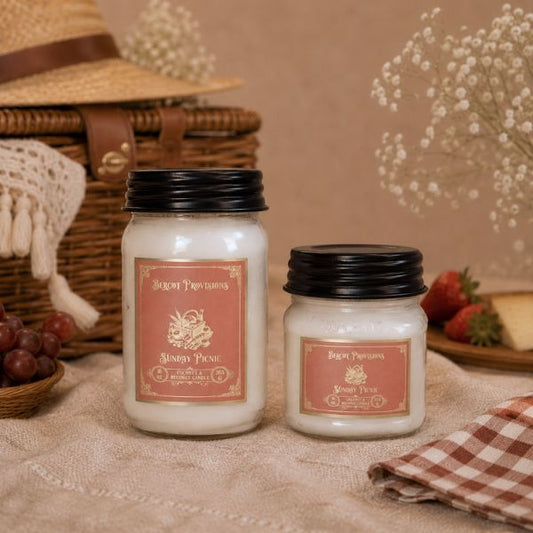 Two candles with labels on a rustic setting with a basket, grapes, and strawberries.