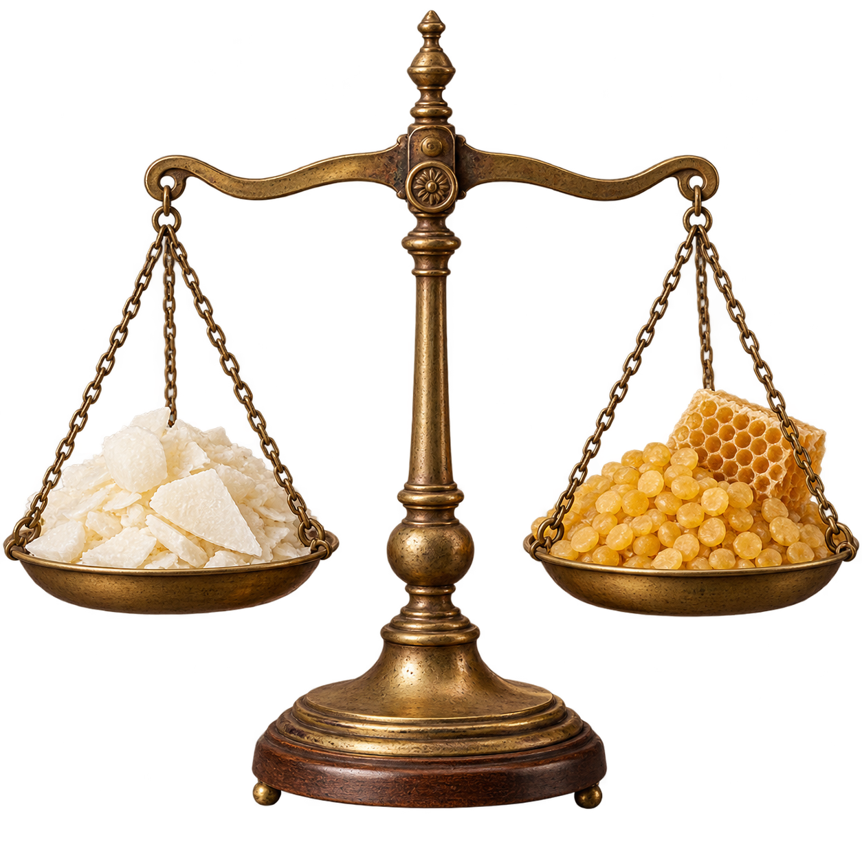 An antique-style brass balance scale with a dark wood base, shown on a plain white background. One side of the scale holds coconut wax, and the other side holds beeswax.