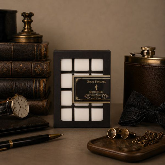 Men's accessories including a watch, pen, and cufflinks on a wooden surface with a decorative wax melt box.
