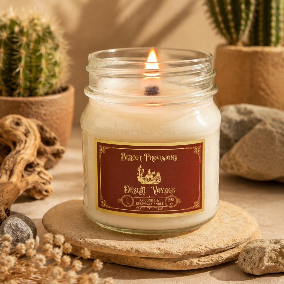 Candle in a jar with a label on a stone surface, surrounded by cacti and natural elements.